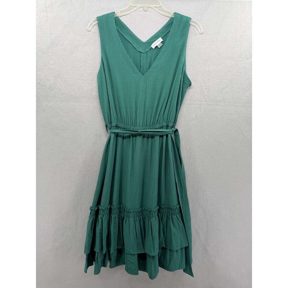 Calvin Klein Dress Womens 8 Green Gauzy V Neck Tie Waist Tiered Quiet Luxury NWT